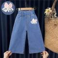 Girls' summer denim wide-leg pants for little girls 2024 new trendy cropped pants stretch foreign style children's pants.