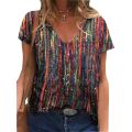 Short Sleeve Women T-Shirts Summer Female High Street Tee Lady Striped Print Casual Tops 5XL Large Size V-Neck T-Shirt Pullovers. 
