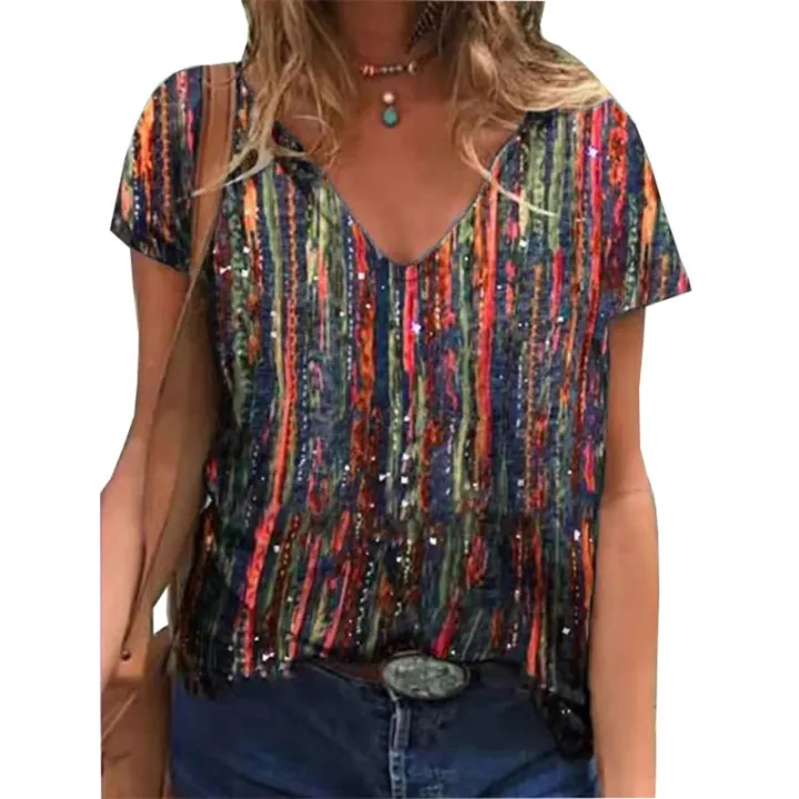 Short%20Sleeve%20Women%20T-Shirts%20Summer%20Female%20High%20Street%20Tee%20Lady%20Striped%20Print%20Casual%20Tops%205XL%20Large%20Size%20V-Neck%20T-Shirt%20Pullovers%20-%20Image%204