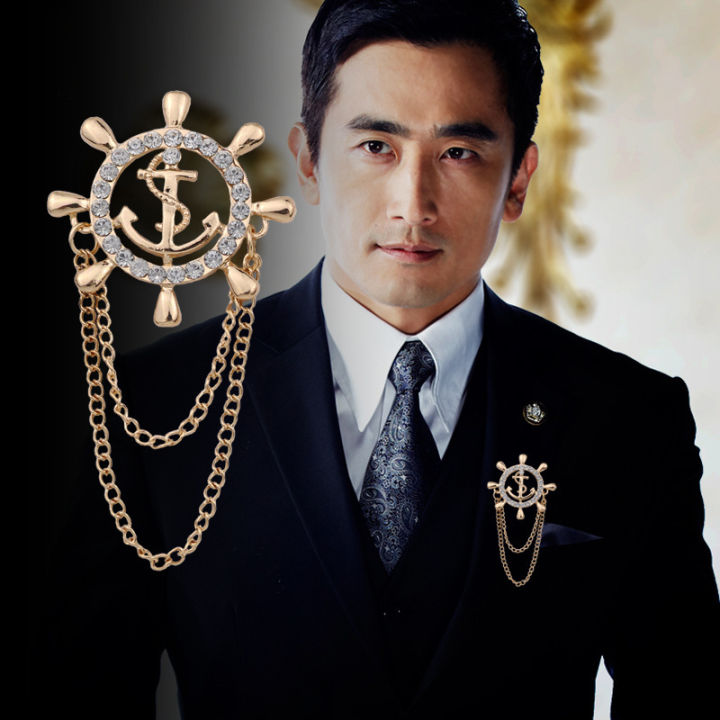 Navy Anchor Brooch With Zircon Rudder Corsage High-End Men'S Suit Accessories (1ps)