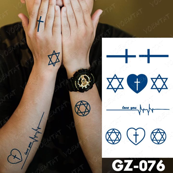 Juice Lasting Waterproof Temporary Tattoo Stickers Cross Pentagram Heartbeat Wave Letter Flash Tattoos Body Art Tatto Male