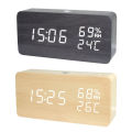 LED Digital Wooden Alarm Clock APP Control Time/ Temperature/ Humidity/ Date Display Electronic Desktop Clock 4 Levels Brightness Sound Control USB Charge or Ba-ttery Supply.