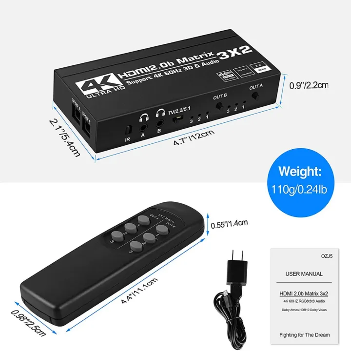 KuWFi%204K/60Hz%20HDMI%20Switch%20Remote%203x2%20Switcher%20Dual%20Audio%20Extractor%202.0b%20Matrix%20Splitter%20for%20PS4/5%20Xbox%20TV%20DVD%20HD%20player-black%20-%20Image%206