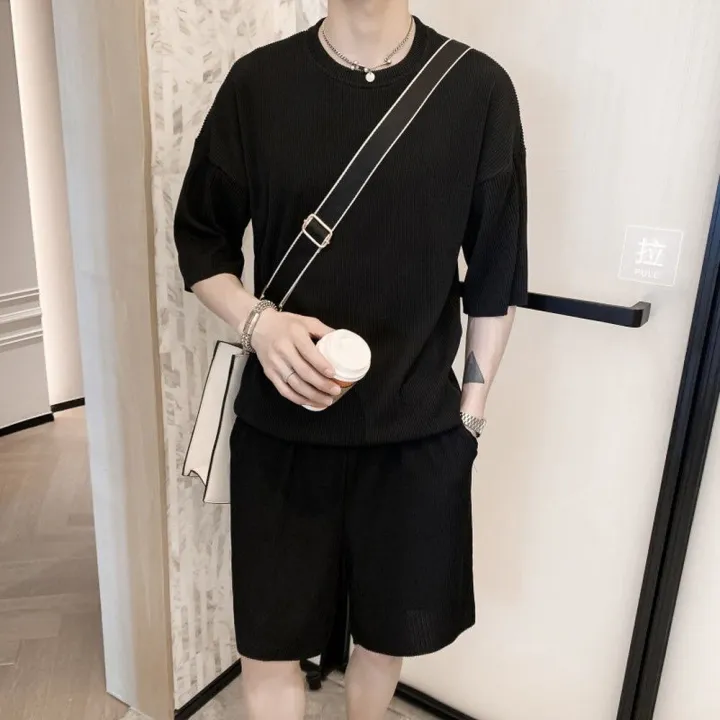 Korean%20Fashion%20Summer%20Clothes%202%20Piece%20Set%20Mens%20Outfits%20Solid%20Color%20Slim%20Fit%20Streetwear%20Tracksuit%20Casual%20Clothes%20For%20Men%20Shorts%20-%20Image%204
