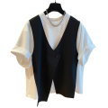 Fashion Two Piece T Shirt Women Niche Design Sense T-shirt Loose Casual Stitching Vest Button Short Sleeve Tshirt. 