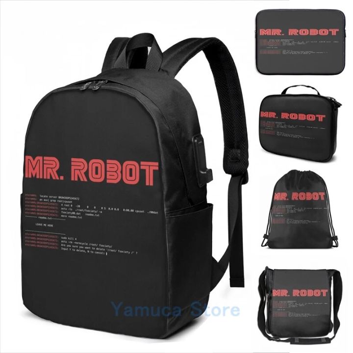 Funny Graphic print MR ROBOT fsociety00 dat USB Charge Backpack men School bags Women bag Travel laptop bag