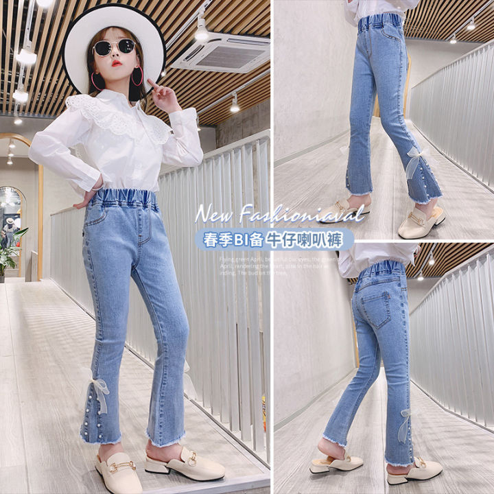 Girls%20stretch%20jeans%202021%20spring%20new%20children's%20clothing%20Korean%20slim%20fit%20foreign%20bow%20bell%20pants%20-%20Image%203