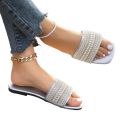 European and American foreign trade flat size beaded slippers women's square toe rhinestone light beach slippers Slipper. 