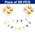 Happy Birthday White Card Banner With Golden Confetti Balloons for Birthday Decoration- (Pack of 9 Pcs).