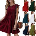 Women's Dress Solid Color Round Neck Short Sleeve Casual Cake Skirt Pleated Large Swing Skirt. 
