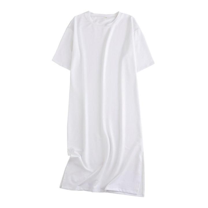 Tangada 2021 Women Elegant 95% Cotton Sweatshirt Dress Oversized Short Sleeve Side Open Ladies Midi Dress 6L60