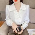 119 Red Shirt Women's Spring Clothes 2022 New Elegant Double Breasted Puff Sleeve Business Shirt Retro Hong Kong Style Top. 