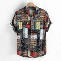 Floral Geometric Print Shirt Men Boho Street Style Hawaiian Short Sleeve Summer and Autumn.