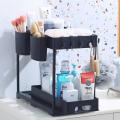 2 Tier Under Sink Organizer Sliding Cabinet Basket Organizer Storage Rack Hooks Hanging Cup Bathroom Kitchen Organizer.