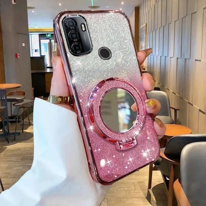New Phone case OPPO A53 2020 A33 2020 Back cover with Makeup Mirror Holder  Stand Luxury Shiny Gradient Plating Glitter Slim Phone cases Transparent