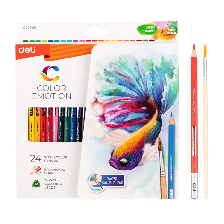 Deli emotion EC00720 watercolor pencils with a brush pack of 24 colors