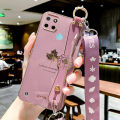 For Realme C25Y / Realme C21Y Back Cover with Lanyard + Wristband Fashion Shiny Maple Leaf Plating Bumper Stand Holder Case Camera Protection Soft Silicone Mobile Phone Cases. 