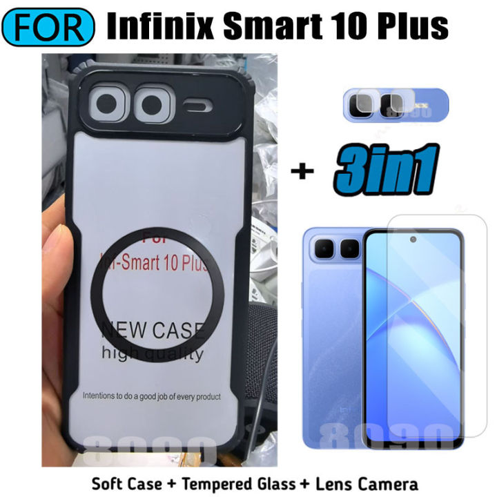 3 in 1 Infinix Smart 10 Plus Acrylic Phone Case For Infinix Smart 10 X6725 Casing With Magnetic Wireless Charging Sticker +Full Coverage Tempered Glass Screen Protector