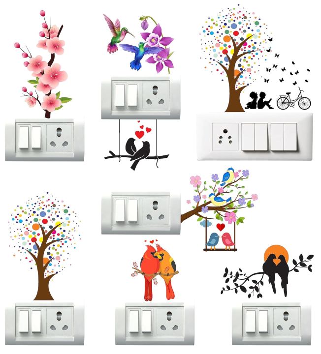 Switch Board Sticker Floral Stickers Wall Stickers Light Switch Sticker Multi Design - Pack of 1 (8 Stickers)