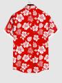 Plus Size Matching Hawaii Beach Outfit For Couples Flower Coconut Leaves Printed Cinched Dress and Buttons Pocket Shirt.