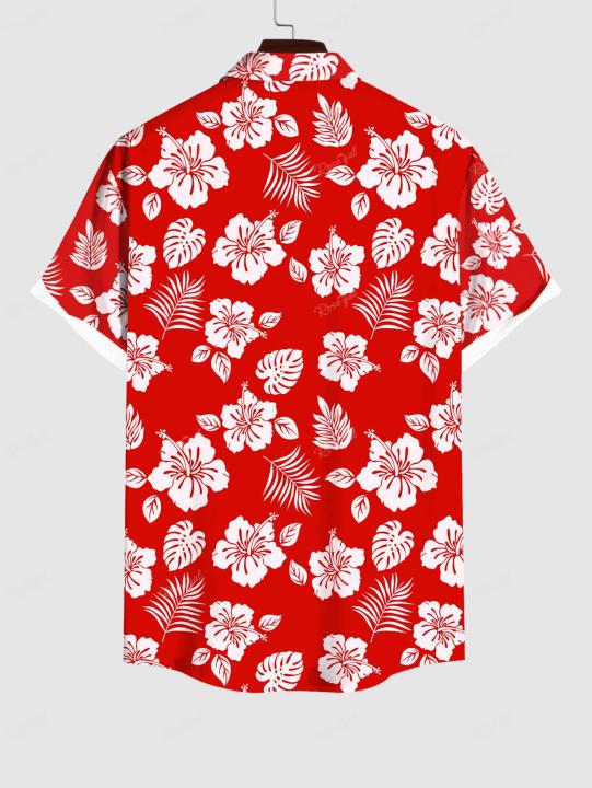 Plus%20Size%20Matching%20Hawaii%20Beach%20Outfit%20For%20Couples%20Flower%20Coconut%20Leaves%20Printed%20Cinched%20Dress%20and%20Buttons%20Pocket%20Shirt%20-%20Image%202