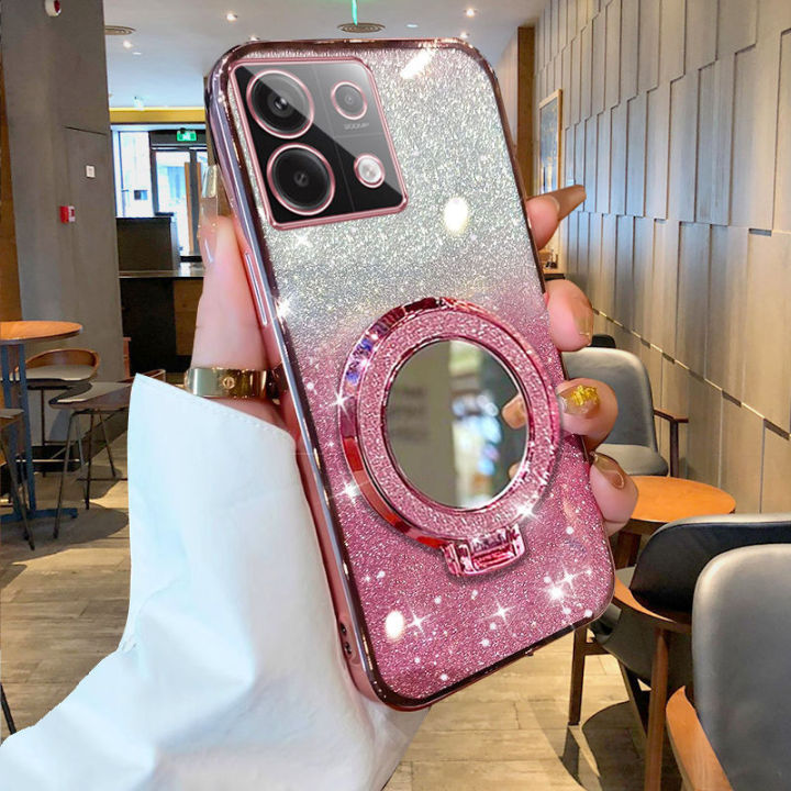 New Phone case Infinix Note 30 Note 30i Note 30 Pro Note 30 VIP Back cover with Makeup Mirror Holder Stand Luxury Shiny Gradient Plating Glitter Slim Phone cases Transparent Soft Silicone Protective Pouch Women Girls