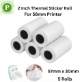 Waterproof Label Stickers 5 Rolls 57mm x 30mm Sticker Paper Rolls for 58mm Thermal Printer, POS Printer, Receipt Printer, Mini Thermal Printer, Pocket Printer. 