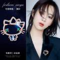 Fashionable Trendy Hello Kitty Brooch for Women Hijab Pin Stone - Green Crystal Rhinestone Brooch Hijab Safety Pin for Girls Simple Stylish - Hizab Safety Pin for Girls and Women - Hijab Pin for Women. 