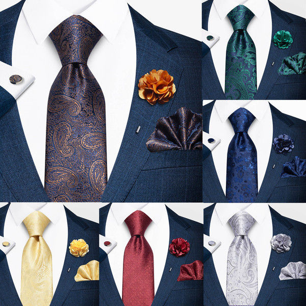 Luxury Fashionable Neck Tie + Pocket Square + Cufflinks & Lapel Flower 4 item Tie Set For Men (1Set)-No Box