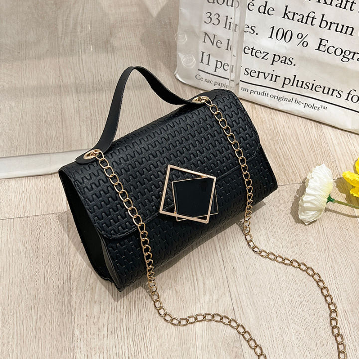 Women's Bag Square Block Lock Buckle Single Shoulder Square Chain Stripe Embossed Casual Simple Handheld Diagonal Straddle Bag