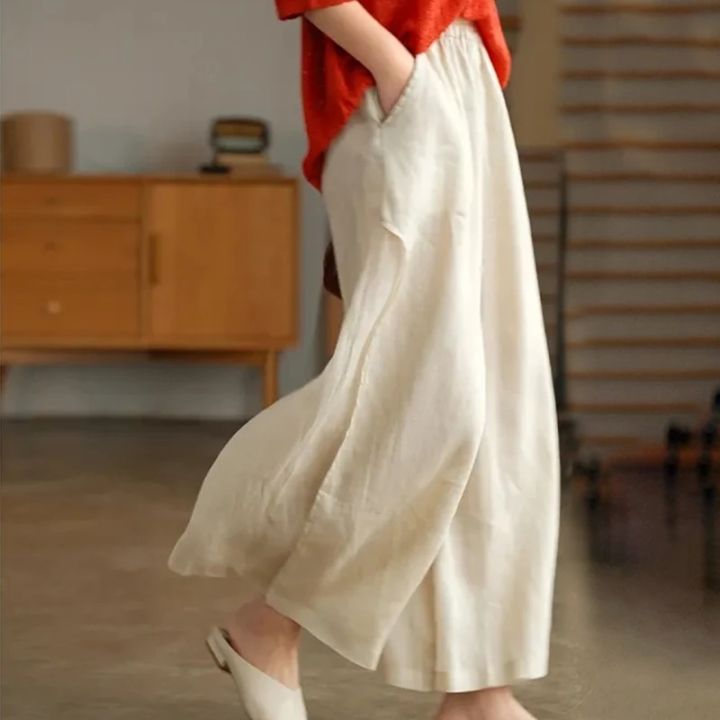 Women%20Summer%20Cotton%20Linen%20Pants%20Casual%20Fashion%20Elastic%20Waist%20Wide%20Leg%20Pants%20Elegant%20Straight%20Trousers%20-%20Image%204