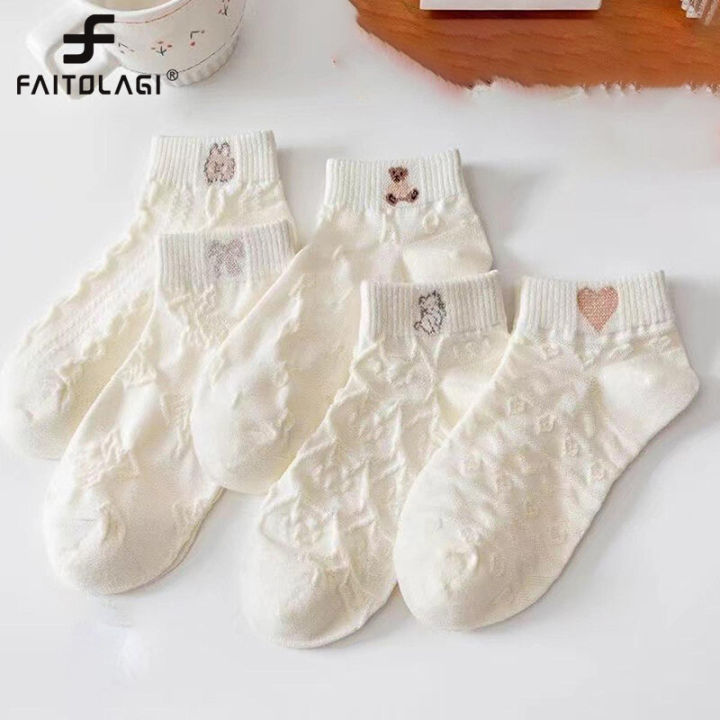 5 Pairs Cartoon Bear Women Socks Summer Korean Girls Cute Short Socks White Jacquard Cotton Ankle Socks