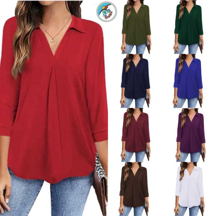 Womens relax wear Collared V Neck 3/4 Sleeve Shirts Business Casual Tops Loose Fit Work Blouses