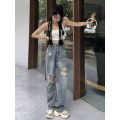 High Waist American Hot Girl Washed Make Old Ripped Jeans Women's Straight Loose Slimming Drooping Wide-Leg Pants.