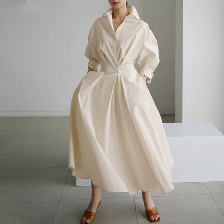 S-5XL%20Korean%20Fashion%20Long%20Sleeve%20Shirt%20Dress%20Chic%20Turndown%20Neck%20Ruched%20Maxi%20Dress%20Women%202022%20Autumn%20Winter%20Clothes%20Streetwear%20-%20Image%204