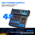 BOMGE 6 Channel mini DJ Audio Sound Mixer Interface with MP3、 USB, Bluetooth , Stereo Recording, 48V Phantom Power, 24 DSP for karaoke, performance, church singing , streaming.