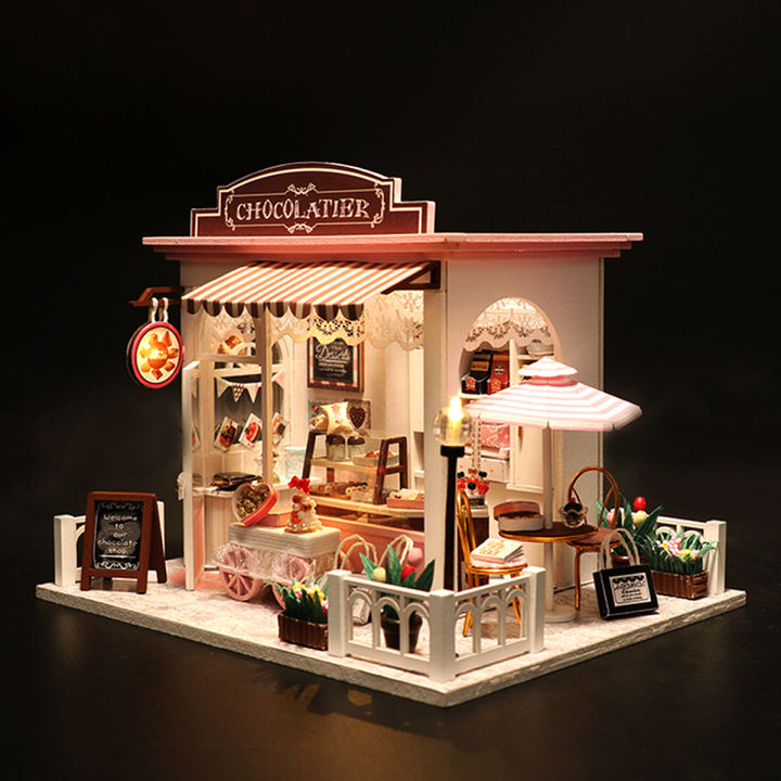 Wooden Toy Miniature Doll House Kit Chocolate Shop DIY LED Light Dollhouse Doll House Kids Gift Toys