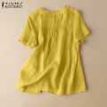 ZANZEA Women Short Sleeve Button O-Neck Shirt Summer Casual Cotton Baggy Blouse Tops #2. 