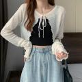 Thin Sunscreen Cardigan Lace-up Knitwear Tops Summer Women Korean Style Lantern Sleeve Short Coat Casual Sun Protected.