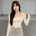 Y2K T-shirt Woman Winter Autumn Long Sleeve Crop Top V-neck Basic Skinny Tee Shirt Femme Korean Fashion Clothes.
