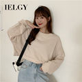 IELGY loose thin sweater women casual short wild round neck long sleeve T-shirt.