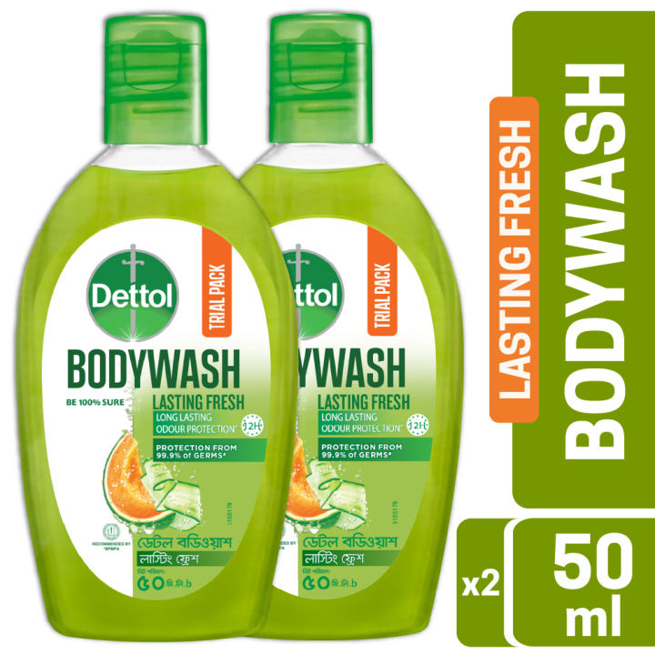 Buy 2 Dettol Body Wash Trial pack 50ml Shower Gel Lasting Fresh with Refreshing Melon & Cucumber Fragrance, 12 Hours Odour Protection