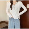 Hooded Drawstring Long Sleeve T T-shirt Women's Design Sense Niche Spring and Autumn New Minimalist Thin Korean Style ins Zip Top. 