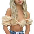 Women off Shoulder Tops Charming Solid Color Short Puff Sleeve Bowknot Slim Fit Summer Crop Tops.