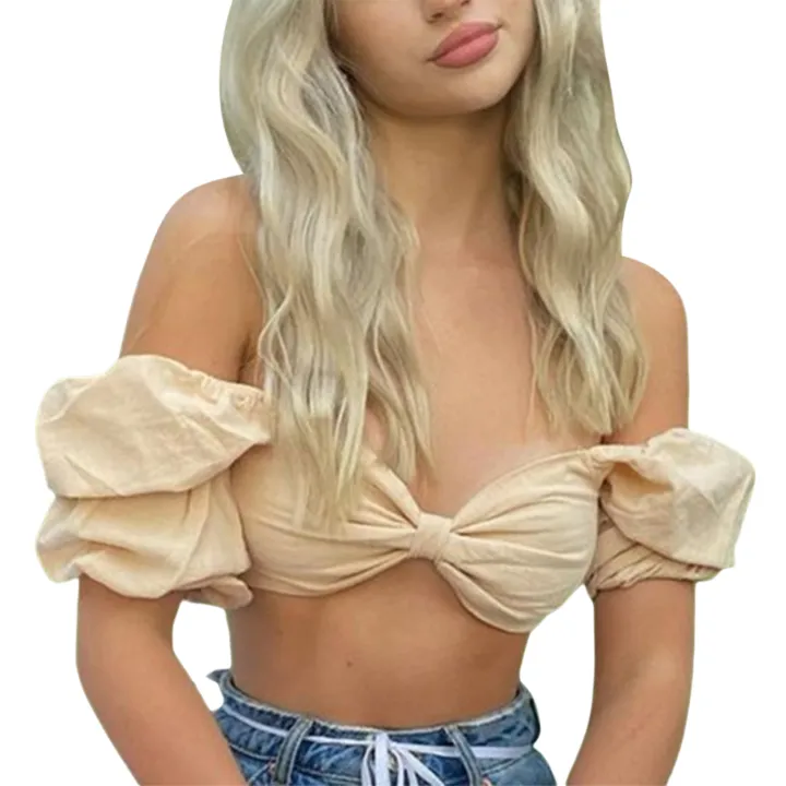 Women%20off%20Shoulder%20Tops%20Charming%20Solid%20Color%20Short%20Puff%20Sleeve%20Bowknot%20Slim%20Fit%20Summer%20Crop%20Tops%20-%20Image%202
