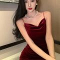 YAENHEY Vintage Sexy Club Prom Red Dresses for Women Spaghetti Strap Slit Velvet Dress Beach Bandage Bodycon Midi Dress Party Elegant.