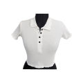 Cotton Rib Short Sleeve Women Crop POLO Shirt- White Color. 