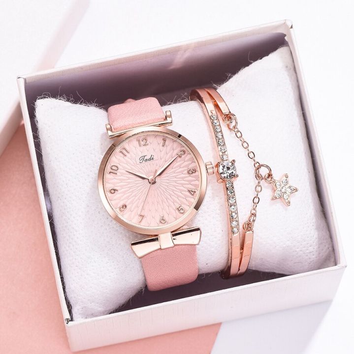 2pcs Set Women Watches Bracelet Set Flowers Ladies Bracelet Watch Casual Leather Quartz Wristwatch Clock Gifts Relogio Feminino