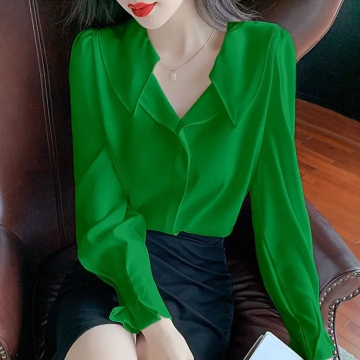 Design%20Chiffon%20Shirt%20Women's%20Long%20Sleeve%20Spring%20and%20Autumn%20New%20Korean%20Style%20Graceful%20Puff%20Sleeve%20Chic%20Top%20Bottoming%20Shirt%20Fashion%20-%20Image%205