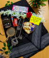 Sari Combo Gift Set - Saree Necklace Earrings Bangles Mehendi Mirror Kitkat Tip Love Chocolate Box with Doll Rose Gazra Chirkut and More. 